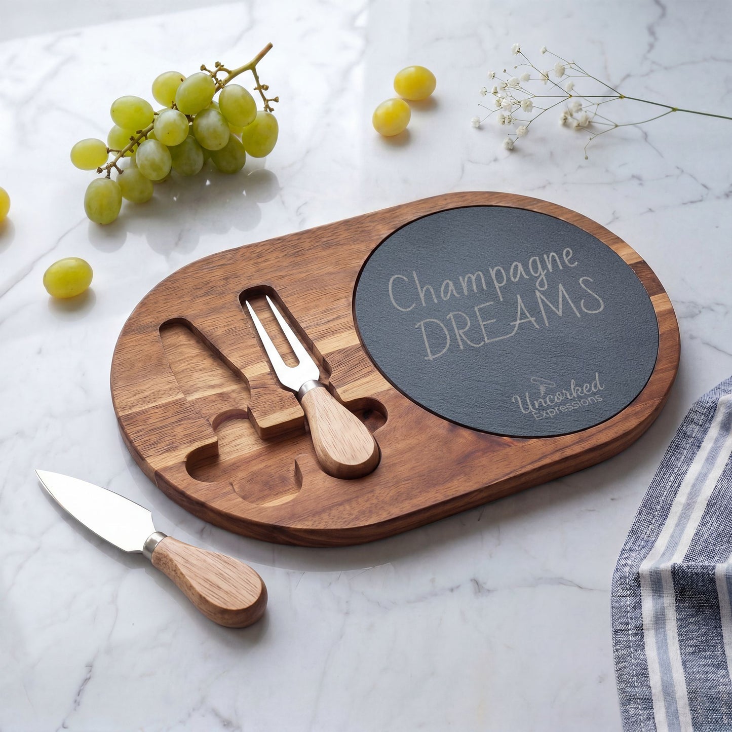Engraved Acacia Charcuterie Board with Slate Insert — "Champagne DREAMS" Cheese Set