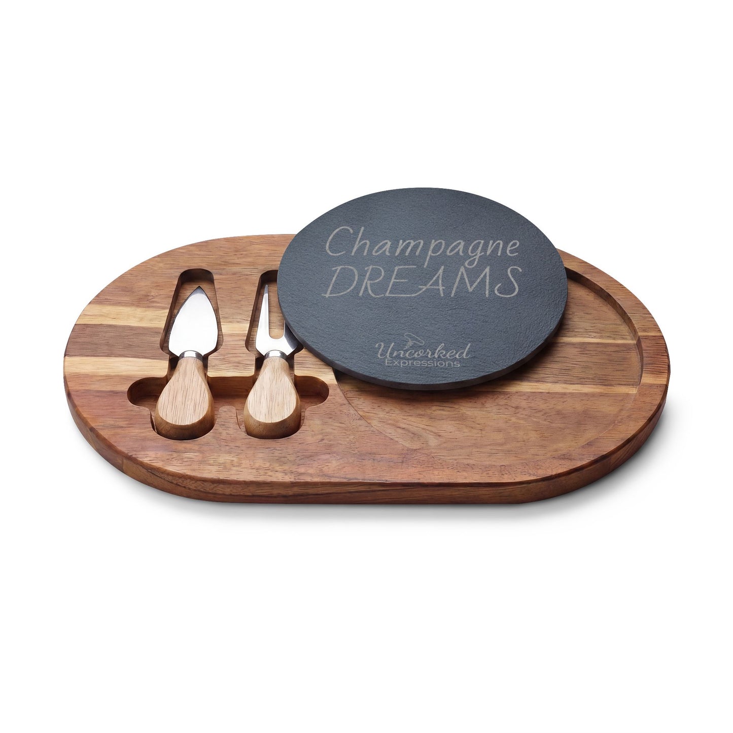 Engraved Acacia Charcuterie Board with Slate Insert — "Champagne DREAMS" Cheese Set
