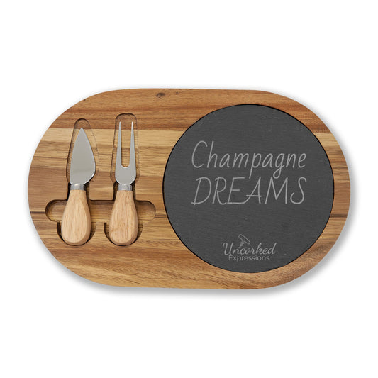 Engraved Acacia Charcuterie Board with Slate Insert — "Champagne DREAMS" Cheese Set