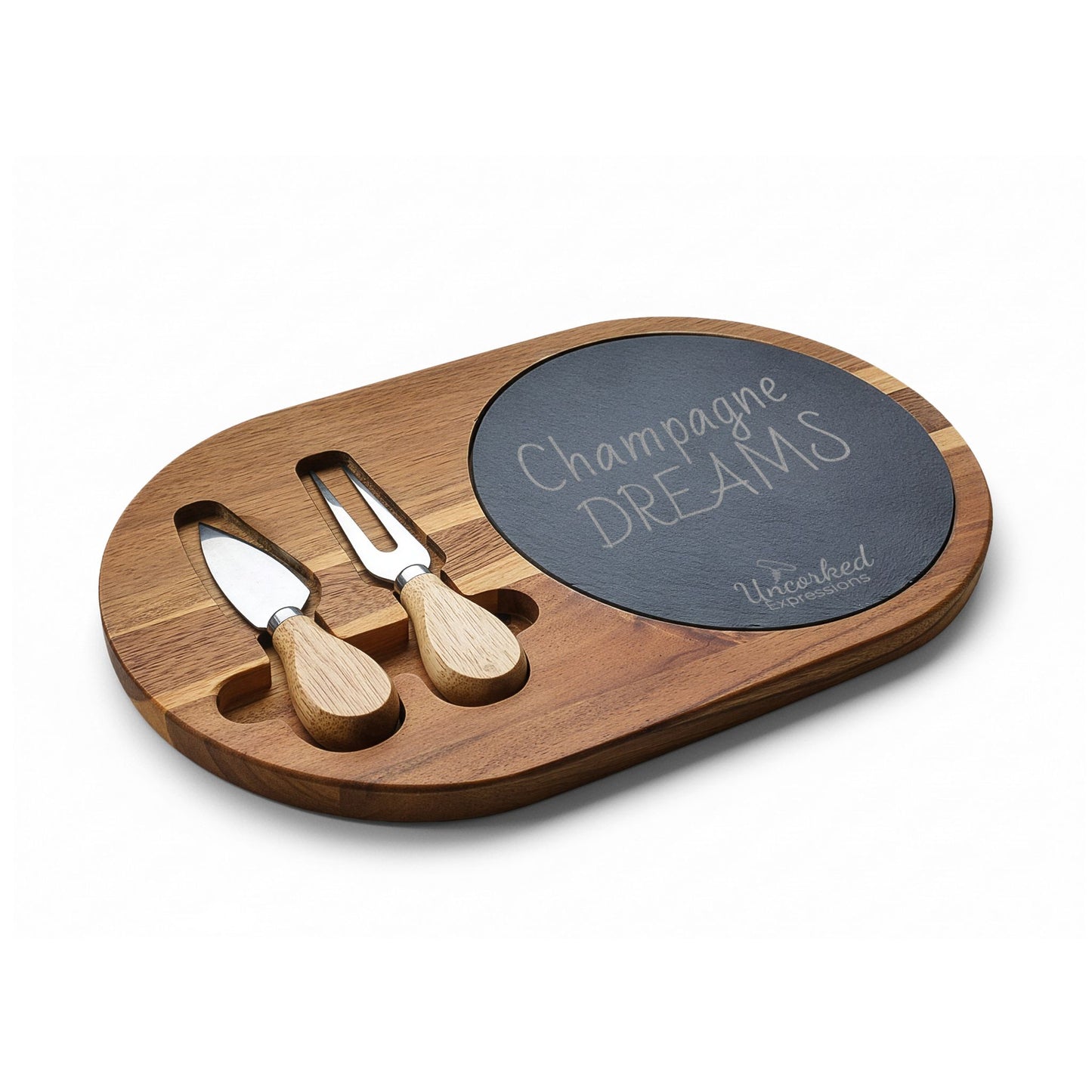 Engraved Acacia Charcuterie Board with Slate Insert — "Champagne DREAMS" Cheese Set